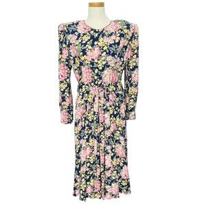 Vintage MS Chaus Floral Ankle Length Floral Belted Dress w Pockets 14 Secretary